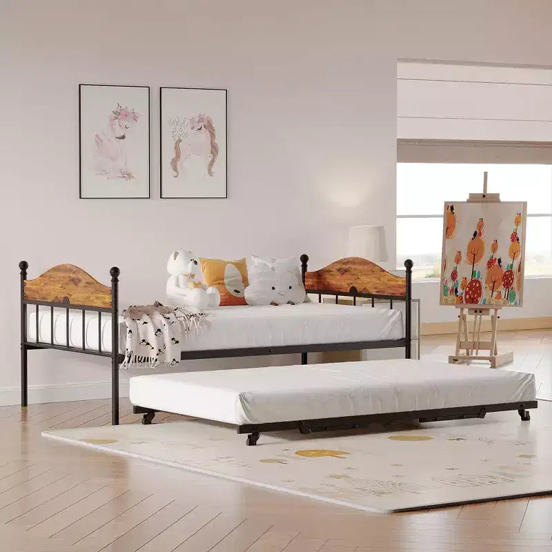 Divano letto con rotelle, divano letto matrimoniale in metallo con elegante testiera, struttura del divano letto con letto a rotelle pieghevole a scomparsa, piattaforma a doghe in acciaio resistente