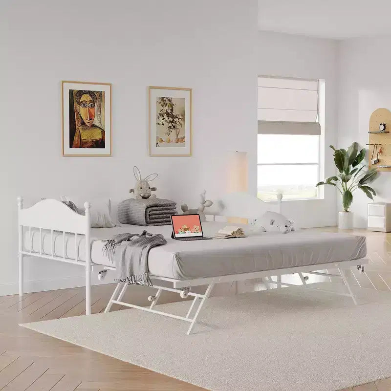 Divano letto con rotelle, divano letto matrimoniale in metallo con elegante testiera, struttura del divano letto con letto a rotelle pieghevole a scomparsa, piattaforma a doghe in acciaio resistente