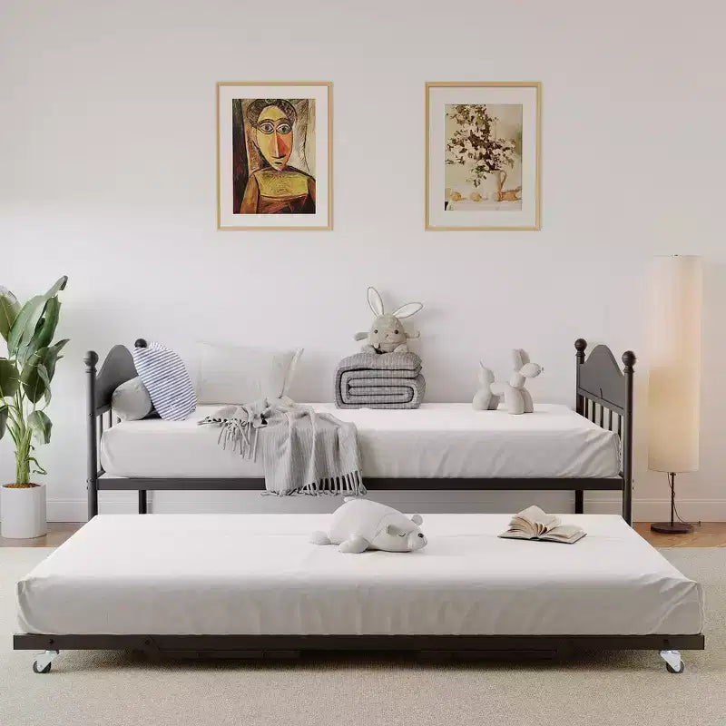 Divano letto con rotelle, divano letto matrimoniale in metallo con elegante testiera, struttura del divano letto con letto a rotelle pieghevole a scomparsa, piattaforma a doghe in acciaio resistente
