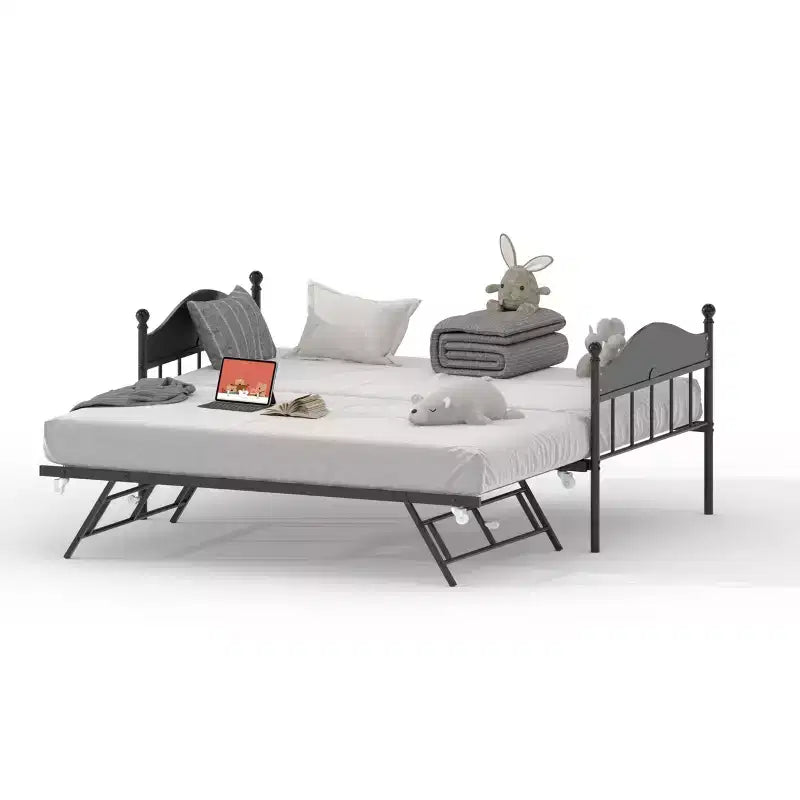 Twin Size Daybed, Heavy Duty Metal Sofa Bed Frame with Headboards, Steel Slats Support