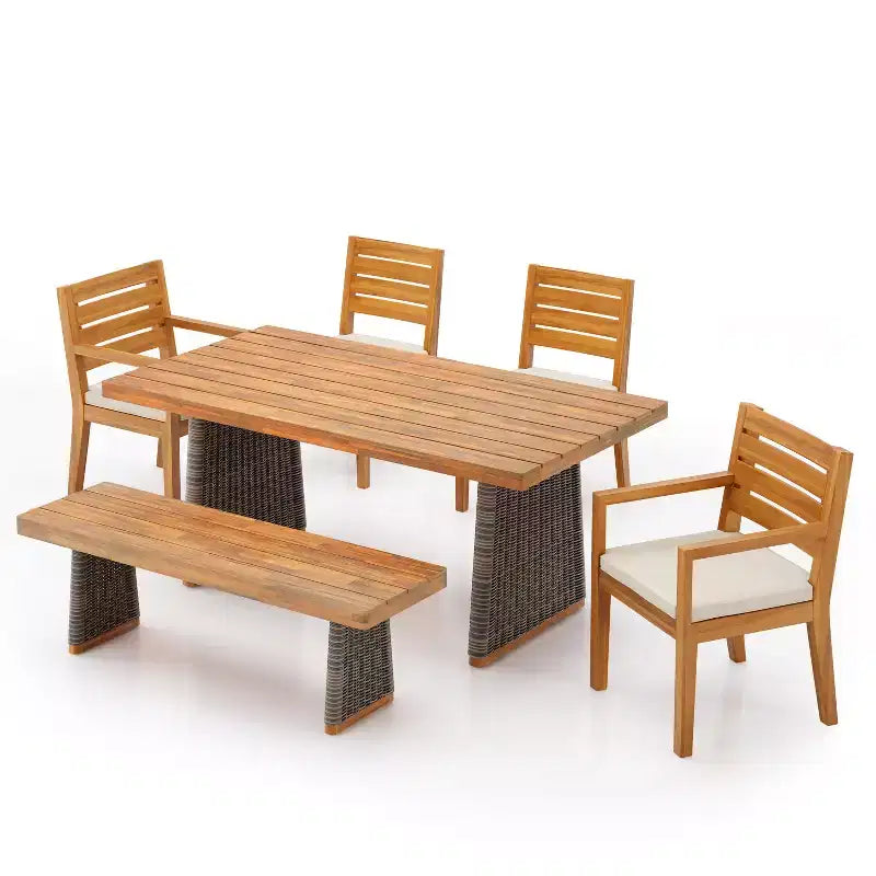 Christopher Knight Home Juliette Set da Pranzo Rustico da Esterno 7 Pezzi in Rattan e Legno di Acacia con Cuscini
