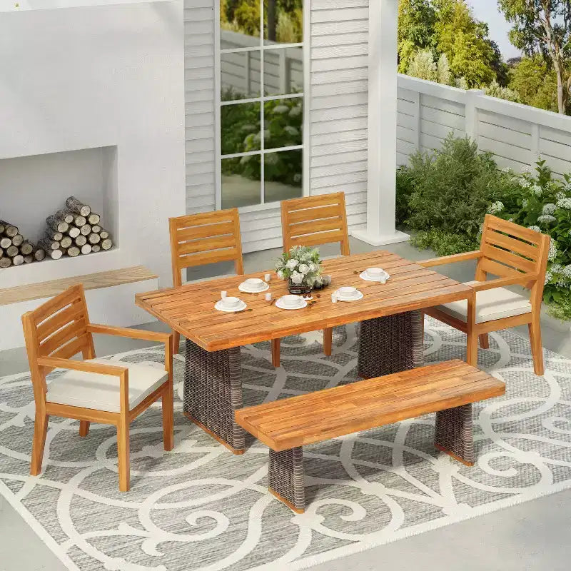 Christopher Knight Home Juliette Set da Pranzo Rustico da Esterno 7 Pezzi in Rattan e Legno di Acacia con Cuscini