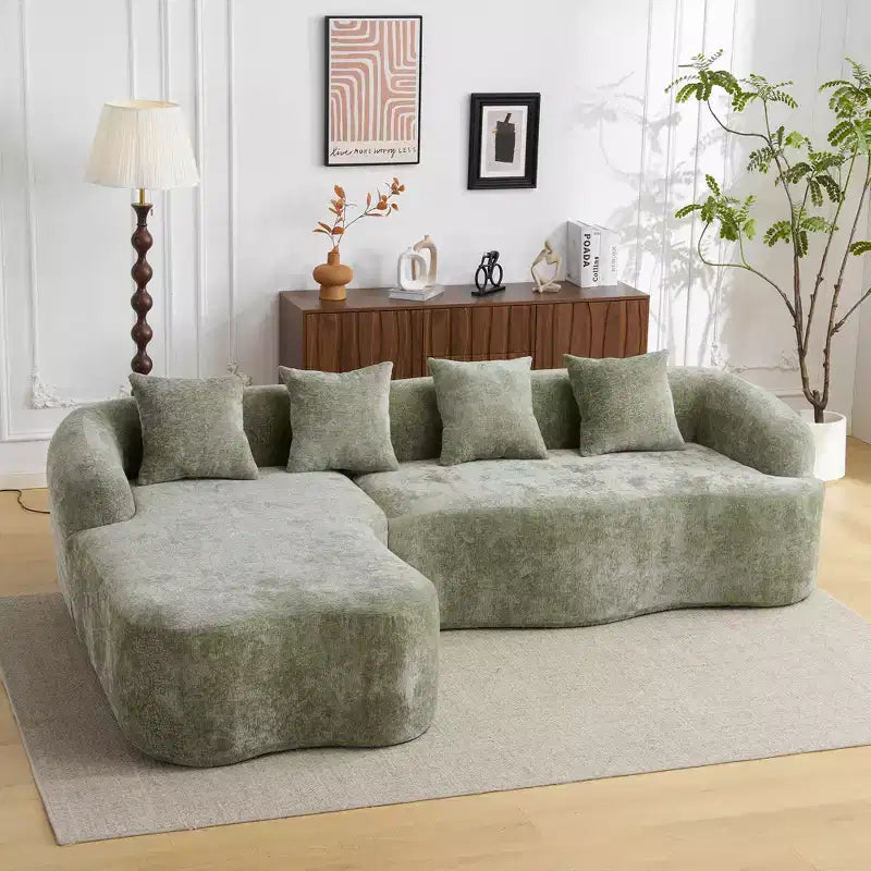 Divano Sezionale a L a Compressione Completa con Chaise Longue Curva, Divano Modulare in Ciniglia, Ad Alta Densità per Soggiorno in Appartamento