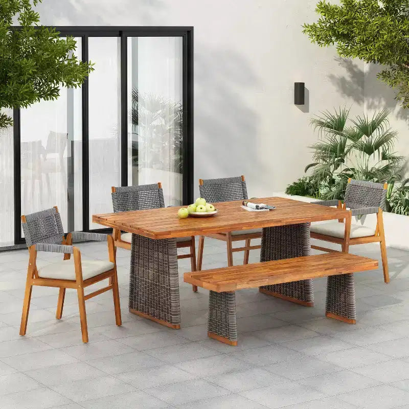 Christopher Knight Home Amara Set da pranzo rustico per esterni da 6 pezzi in legno di acacia con tavolo a doghe in rattan e cuscini