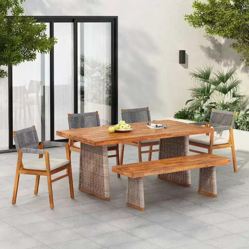 Set da pranzo da esterno Liliana Rustic 6 pezzi in legno di acacia con tavolo in rattan e cuscini di Christopher Knight Home