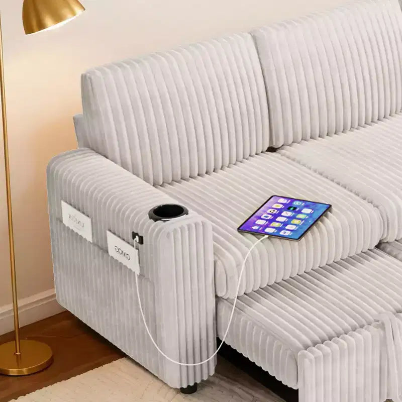 Dyonery 101 Divano Letto Angolare con Letto Estraibile, Schienale Reclinabile/Chaise Longue Contenitore Reversibile/Porte USB/Portabicchieri, Velluto a Coste Morbido