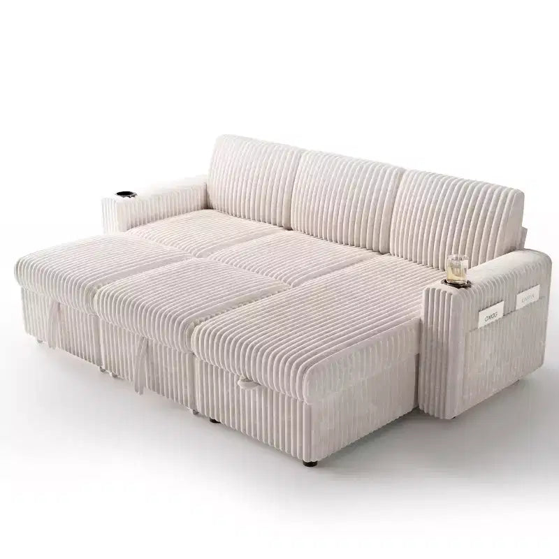 Dyonery 101 Divano Letto Angolare con Letto Estraibile, Schienale Reclinabile/Chaise Longue Contenitore Reversibile/Porte USB/Portabicchieri, Velluto a Coste Morbido