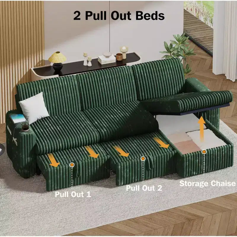 Dyonery 101 Divano Letto Angolare con Letto Estraibile, Schienale Reclinabile/Chaise Longue Contenitore Reversibile/Porte USB/Portabicchieri, Velluto a Coste Morbido