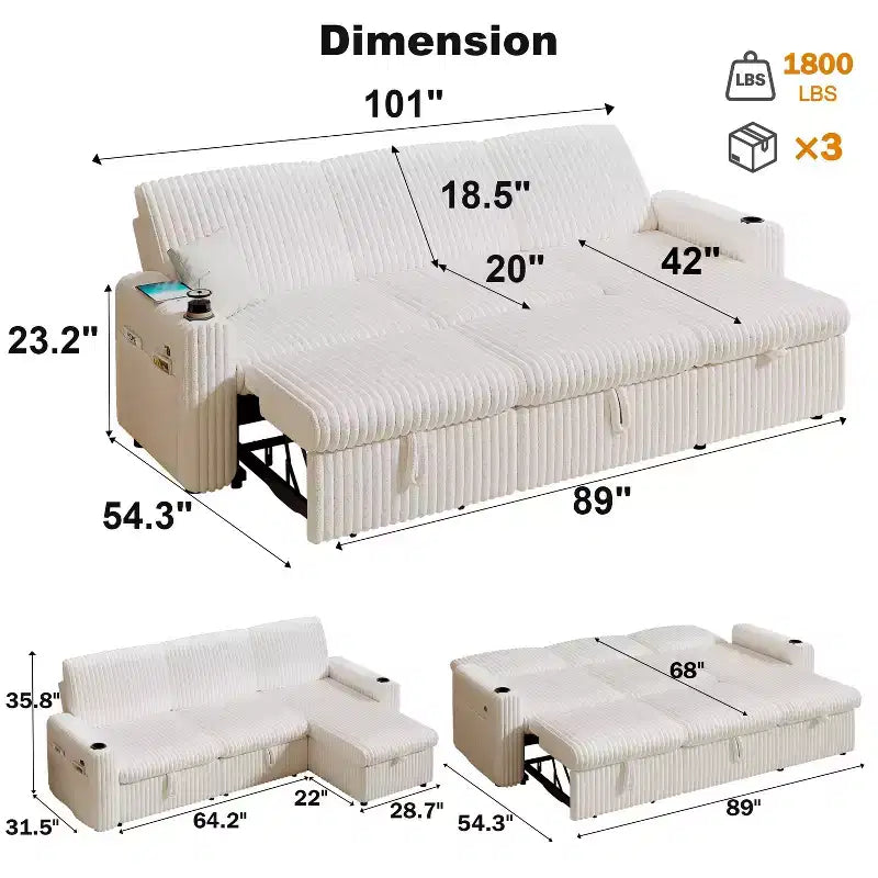 Dyonery 101 Divano Letto Angolare con Letto Estraibile, Schienale Reclinabile/Chaise Longue Contenitore Reversibile/Porte USB/Portabicchieri, Velluto a Coste Morbido