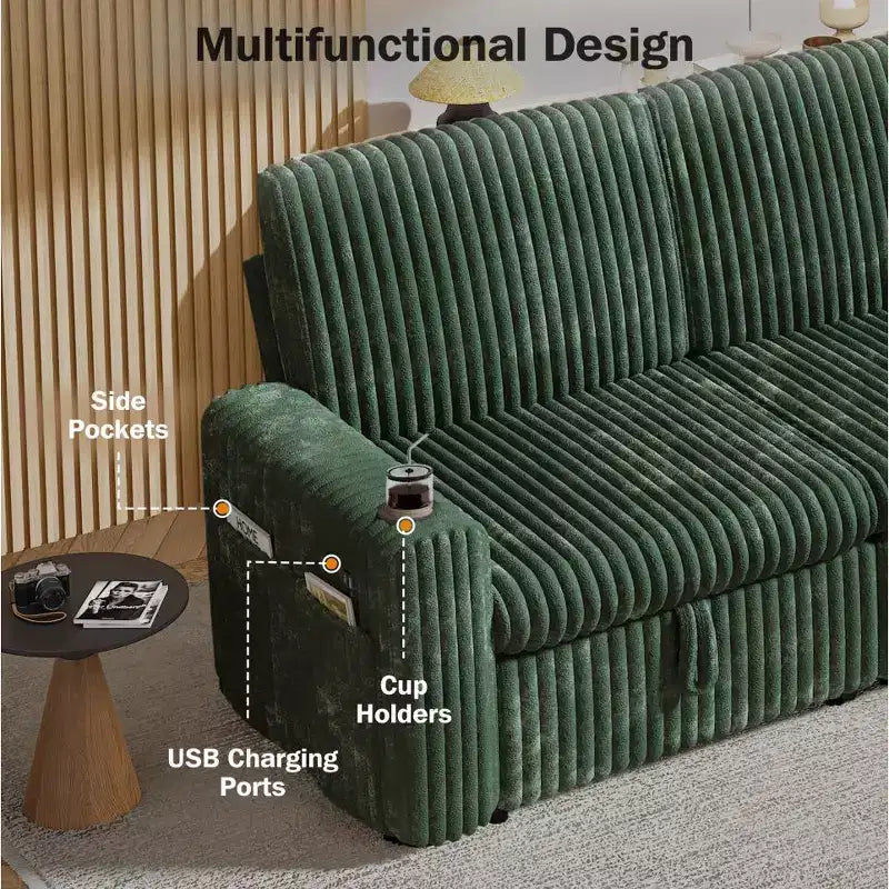 Dyonery 101 Divano Letto Angolare con Letto Estraibile, Schienale Reclinabile/Chaise Longue Contenitore Reversibile/Porte USB/Portabicchieri, Velluto a Coste Morbido