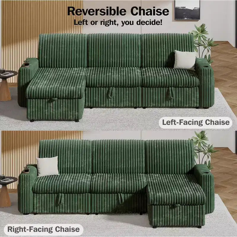 Dyonery 101 Divano Letto Angolare con Letto Estraibile, Schienale Reclinabile/Chaise Longue Contenitore Reversibile/Porte USB/Portabicchieri, Velluto a Coste Morbido
