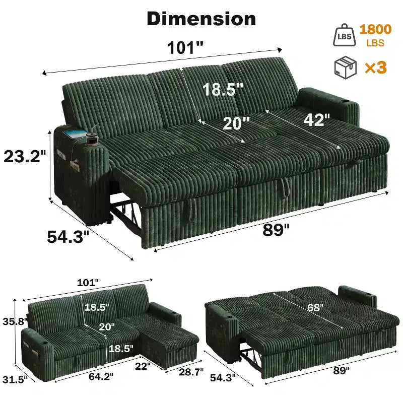 Dyonery 101 Divano Letto Angolare con Letto Estraibile, Schienale Reclinabile/Chaise Longue Contenitore Reversibile/Porte USB/Portabicchieri, Velluto a Coste Morbido