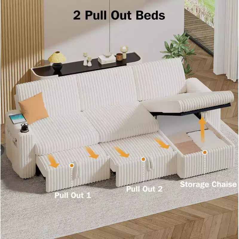 Dyonery 101 Divano Letto Angolare con Letto Estraibile, Schienale Reclinabile/Chaise Longue Contenitore Reversibile/Porte USB/Portabicchieri, Velluto a Coste Morbido