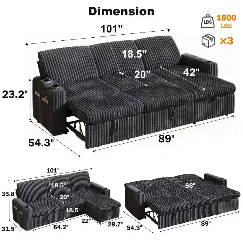 Dyonery 101 Divano Letto Angolare con Letto Estraibile, Schienale Reclinabile/Chaise Longue Contenitore Reversibile/Porte USB/Portabicchieri, Velluto a Coste Morbido