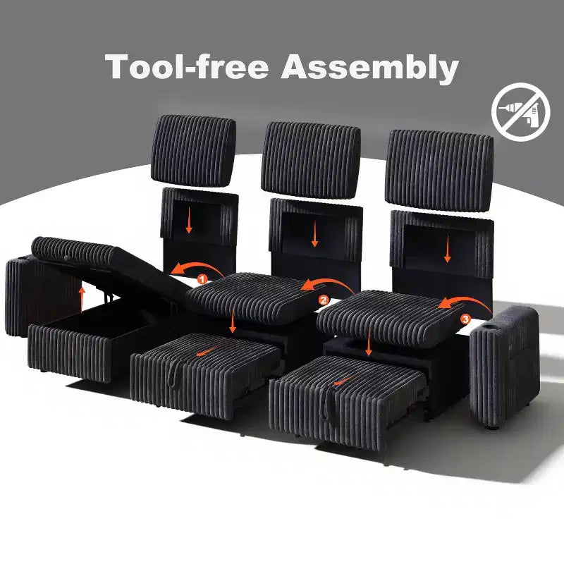 Dyonery 101 Divano Letto Angolare con Letto Estraibile, Schienale Reclinabile/Chaise Longue Contenitore Reversibile/Porte USB/Portabicchieri, Velluto a Coste Morbido