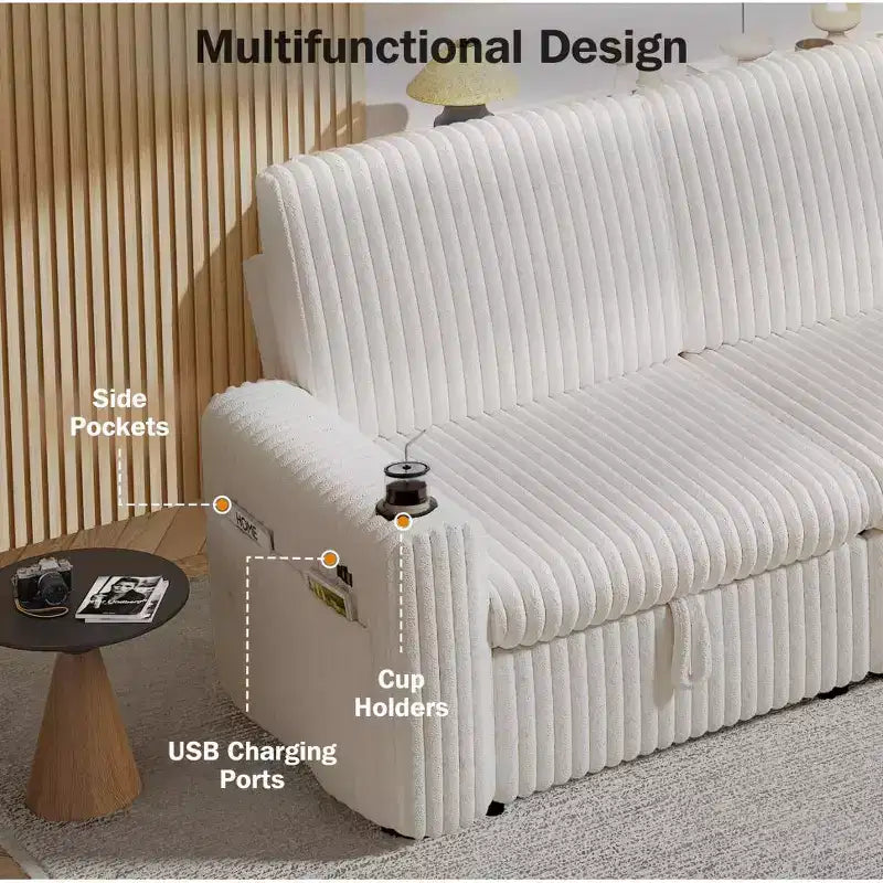 Dyonery 101 Divano Letto Angolare con Letto Estraibile, Schienale Reclinabile/Chaise Longue Contenitore Reversibile/Porte USB/Portabicchieri, Velluto a Coste Morbido