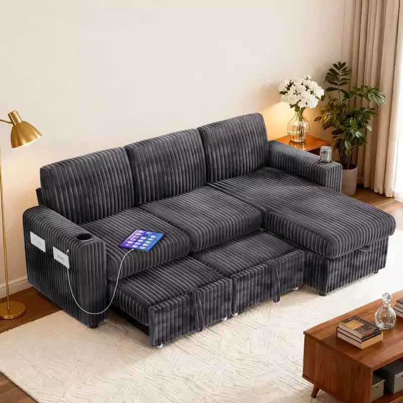 Dyonery 101 Divano Letto Angolare con Letto Estraibile, Schienale Reclinabile/Chaise Longue Contenitore Reversibile/Porte USB/Portabicchieri, Velluto a Coste Morbido
