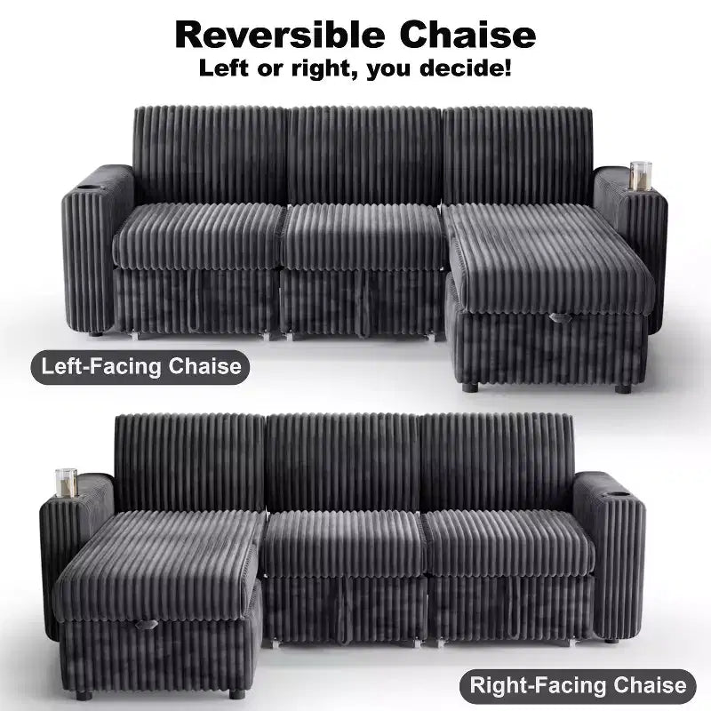 Dyonery 101 Divano Letto Angolare con Letto Estraibile, Schienale Reclinabile/Chaise Longue Contenitore Reversibile/Porte USB/Portabicchieri, Velluto a Coste Morbido