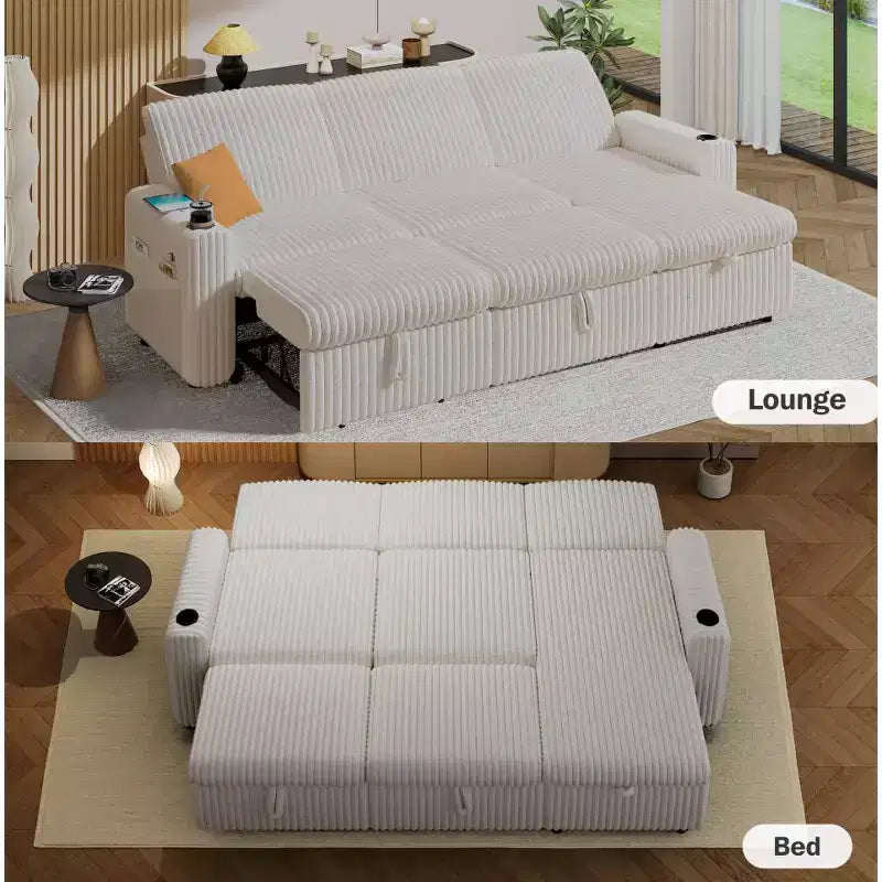 Dyonery 101 Divano Letto Angolare con Letto Estraibile, Schienale Reclinabile/Chaise Longue Contenitore Reversibile/Porte USB/Portabicchieri, Velluto a Coste Morbido