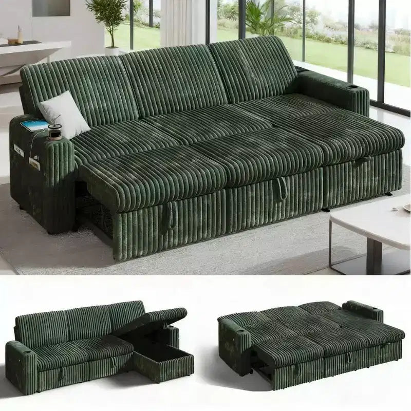 Dyonery 101 Divano Letto Angolare con Letto Estraibile, Schienale Reclinabile/Chaise Longue Contenitore Reversibile/Porte USB/Portabicchieri, Velluto a Coste Morbido