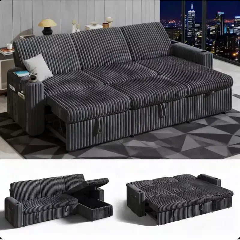 Dyonery 101 Divano Letto Angolare con Letto Estraibile, Schienale Reclinabile/Chaise Longue Contenitore Reversibile/Porte USB/Portabicchieri, Velluto a Coste Morbido