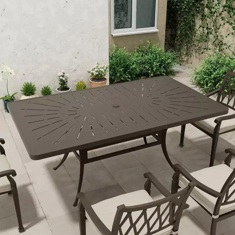Tavolo da pranzo rettangolare per esterni Mondawe 72 pollici L x 42 pollici W in alluminio pressofuso con foro per ombrellone