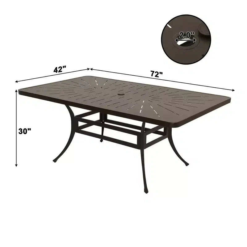 Tavolo da pranzo rettangolare per esterni Mondawe 72 pollici L x 42 pollici W in alluminio pressofuso con foro per ombrellone