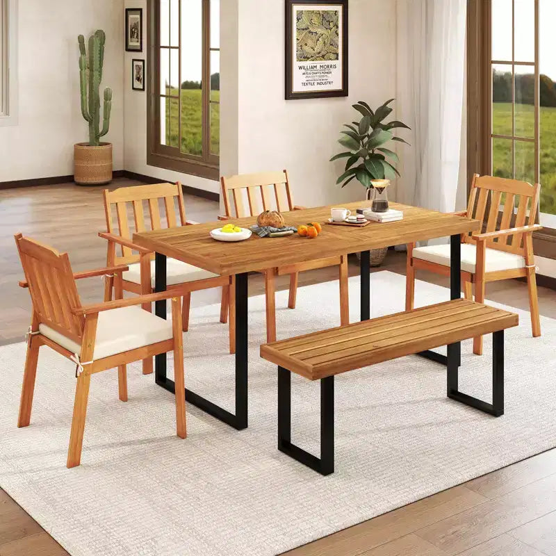 Tavolo da pranzo Costway 63 in legno di acacia con gambe in metallo resistente, foro per ombrellone da 1,97 pollici