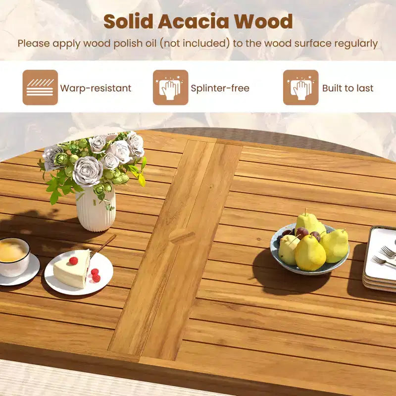 Tavolo da pranzo Costway 63 in legno di acacia con gambe in metallo resistente, foro per ombrellone da 1,97 pollici