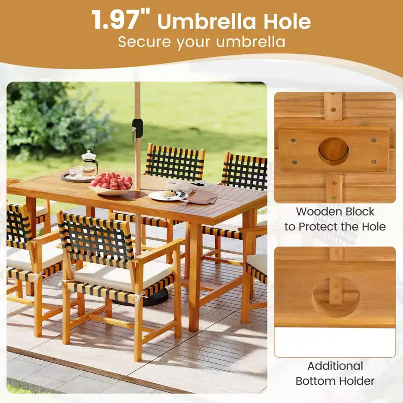 Costway Tavolo da Pranzo 63 in Legno di Acacia per 6 Persone con Foro per Ombrellone da 1.97 per Cucina