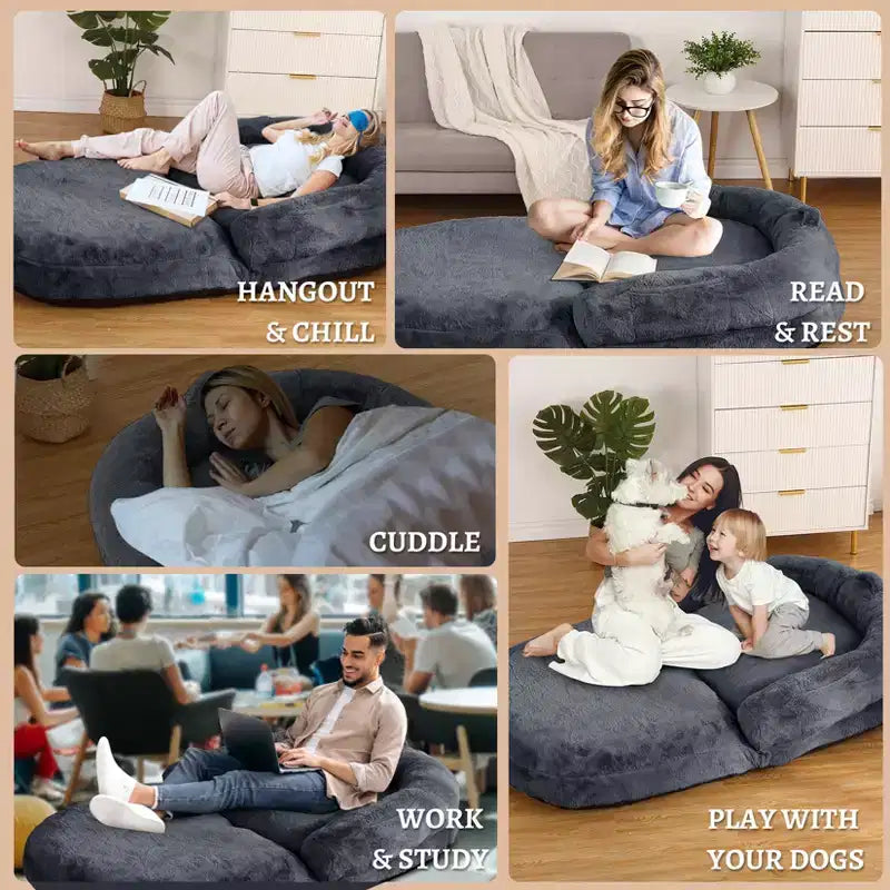 Cuscino per Cani a Misura d'Uomo per Persone Adulte, Cuccia Pieghevole per Umani, 180x110x25 cm, Cuccia Gigante con Copertura Rimovibile, Lettino per Cani in Pelliccia Sintetica Lavabile