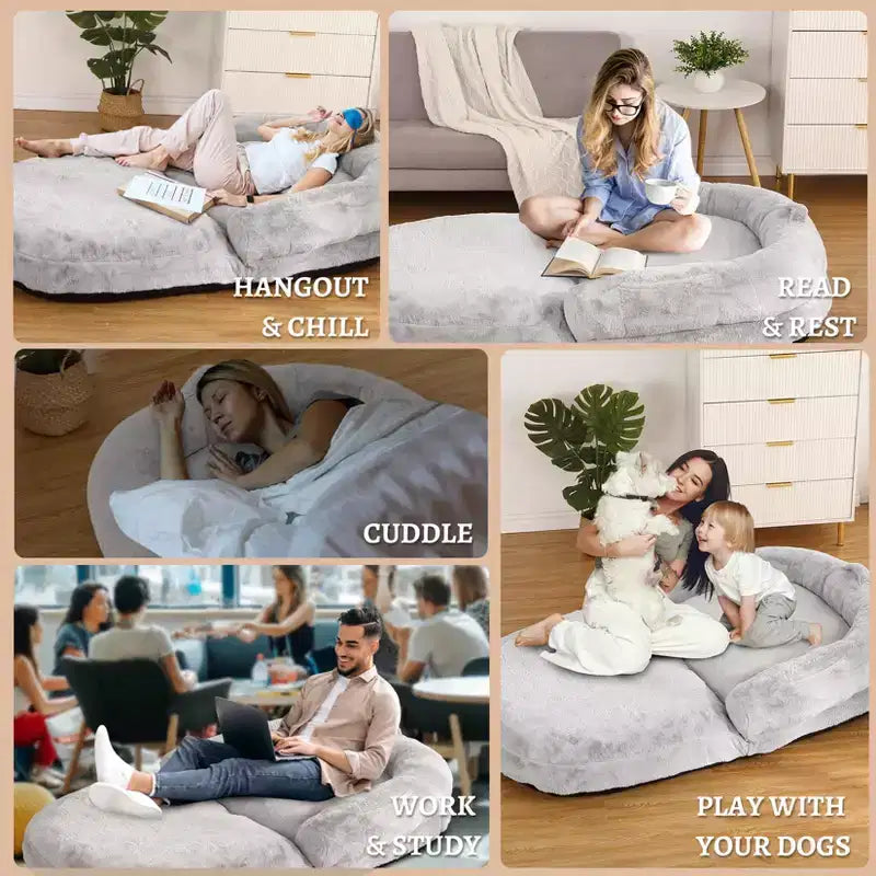 Cuscino per Cani a Misura d'Uomo per Persone Adulte, Cuccia Pieghevole per Umani, 180x110x25 cm, Cuccia Gigante con Copertura Rimovibile, Lettino per Cani in Pelliccia Sintetica Lavabile