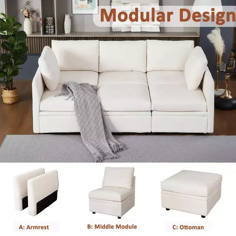 Divano letto modulare GustoWave con contenitore reversibile con tessuto ciniglia, divano componibile a 9 posti, beige