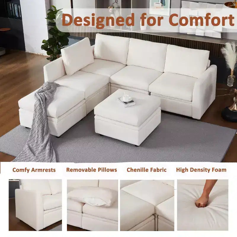 Divano letto modulare GustoWave con contenitore reversibile con tessuto ciniglia, divano componibile a 9 posti, beige