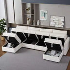 Divano letto modulare GustoWave con contenitore reversibile con tessuto ciniglia, divano componibile a 9 posti, beige