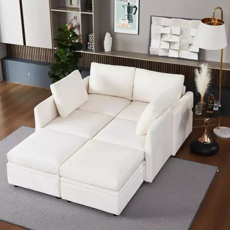 Divano letto modulare GustoWave con contenitore reversibile con tessuto ciniglia, divano componibile a 9 posti, beige