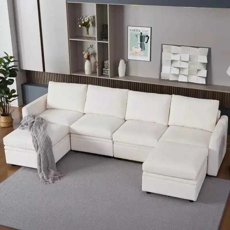 Divano letto modulare GustoWave con contenitore reversibile con tessuto ciniglia, divano componibile a 9 posti, beige