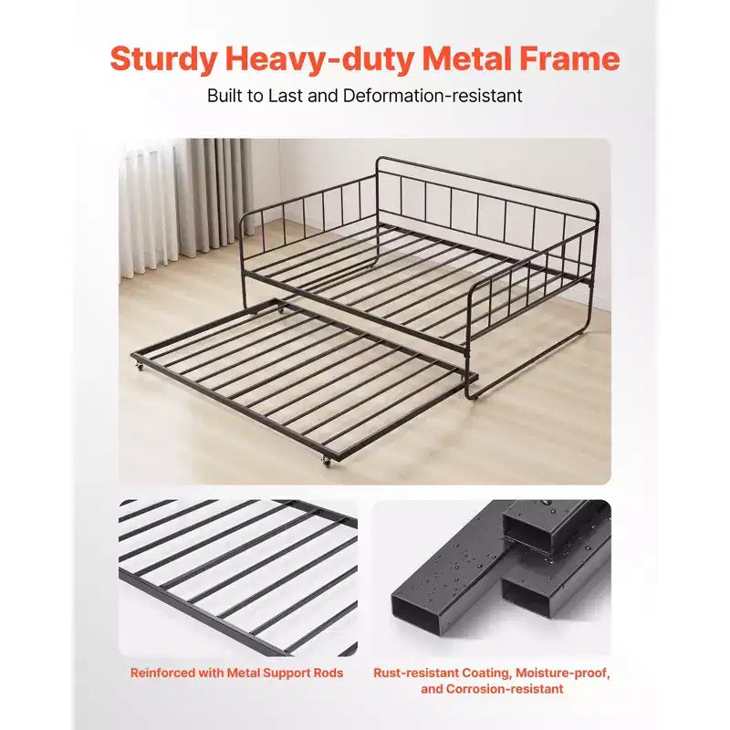 VEVOR Letto da Giorno a Grandezza Naturale, Struttura per Divano Letto con Rete Estraibile, Struttura Letto a Piattaforma in Metallo Resistente, Divano Letto a Grandezza Naturale con Supporto a Doghe in Metallo per Soggiorno, Nero