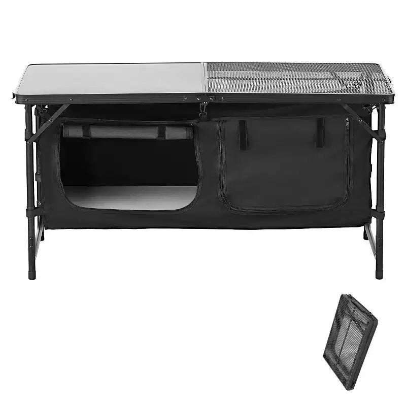 VEVOR Camping Kitchen Table, Folding Outdoor Cooking Table, 3 Adjustable Heights, Aluminum Lightweight Portable Cook Station, Black