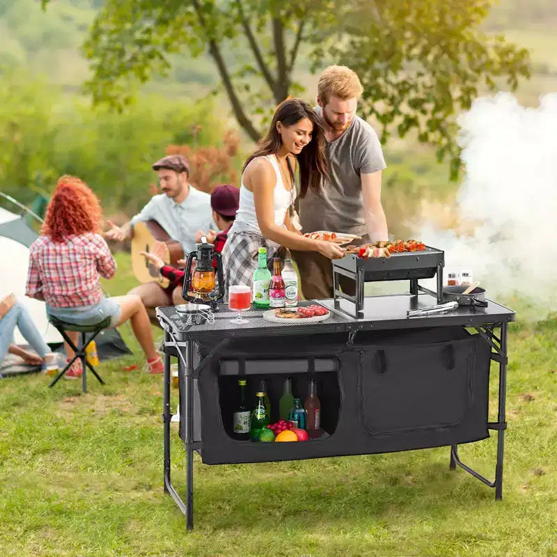Tavolo da Cucina da Campeggio VEVOR, Tavolo Pieghevole da Cucina per Esterni, 3 Altezze Regolabili, Stazione di Cottura Portatile Leggera in Alluminio, Nero