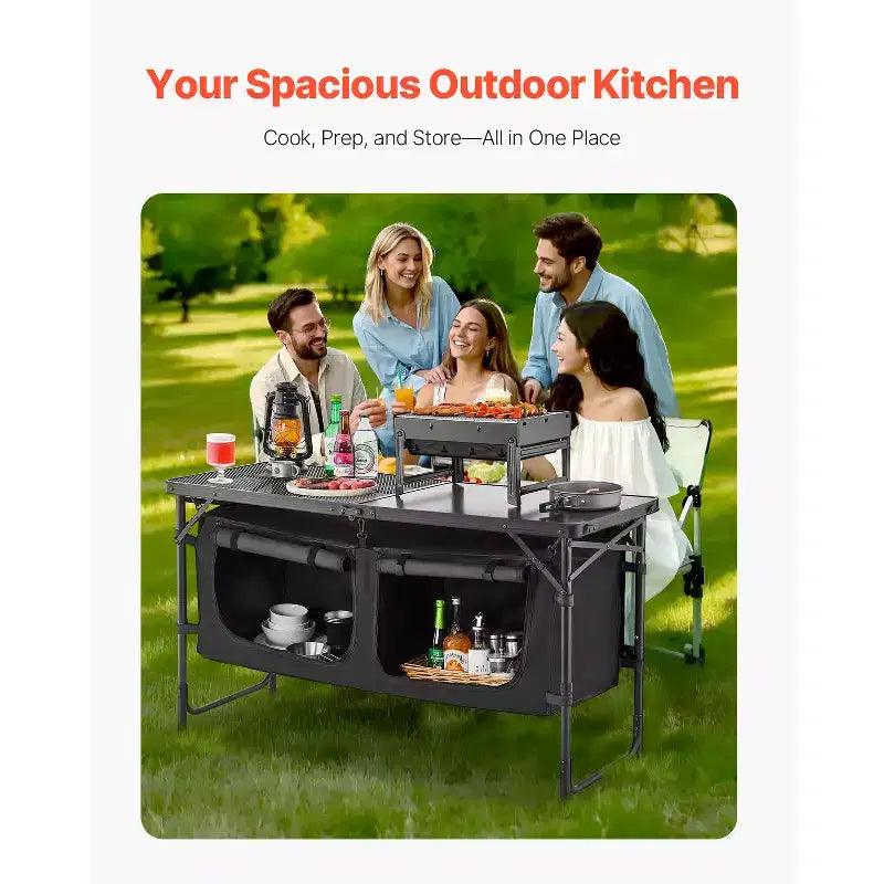 Tavolo da Cucina da Campeggio VEVOR, Tavolo Pieghevole da Cucina per Esterni, 3 Altezze Regolabili, Stazione di Cottura Portatile Leggera in Alluminio, Nero