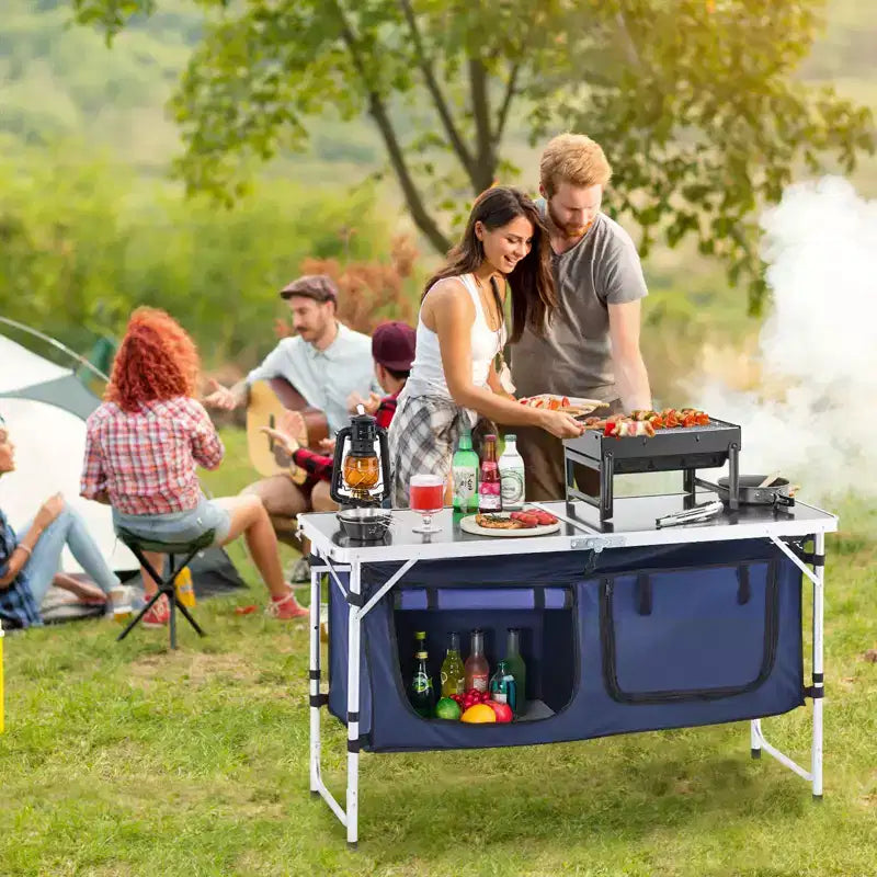 VEVOR Tavolo da Campeggio da Cucina, Tavolo da Cucina Pieghevole per Esterni, 3 Altezze Regolabili, Stazione di Cottura Portatile Leggera in Alluminio, Blu