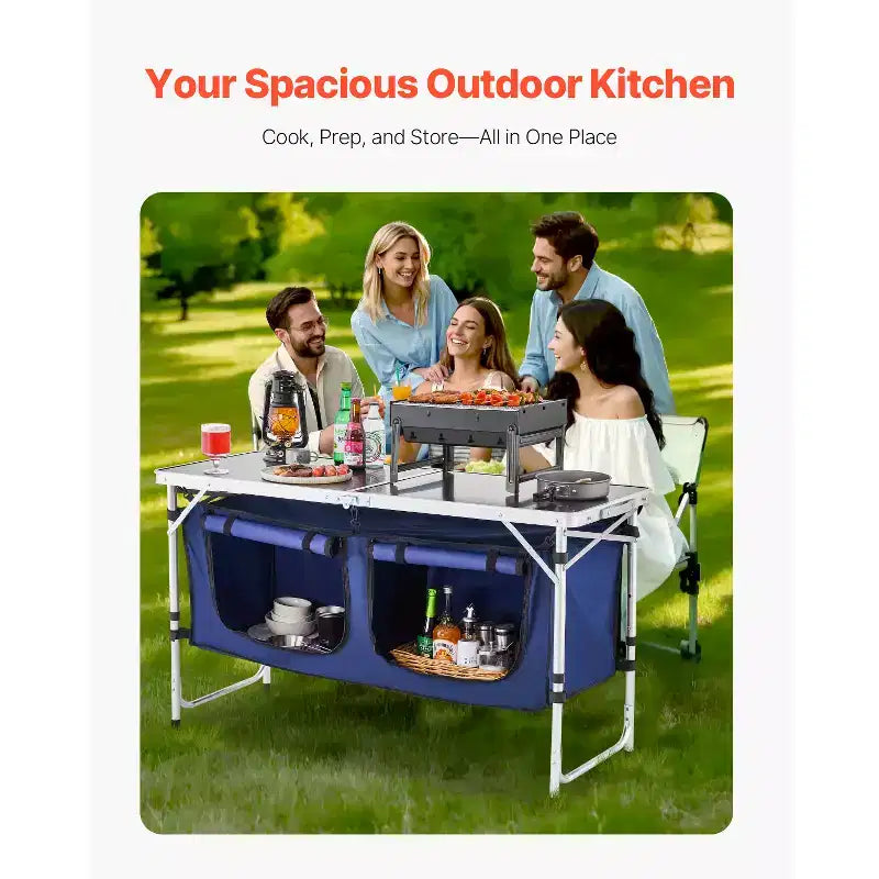 VEVOR Tavolo da Campeggio da Cucina, Tavolo da Cucina Pieghevole per Esterni, 3 Altezze Regolabili, Stazione di Cottura Portatile Leggera in Alluminio, Blu