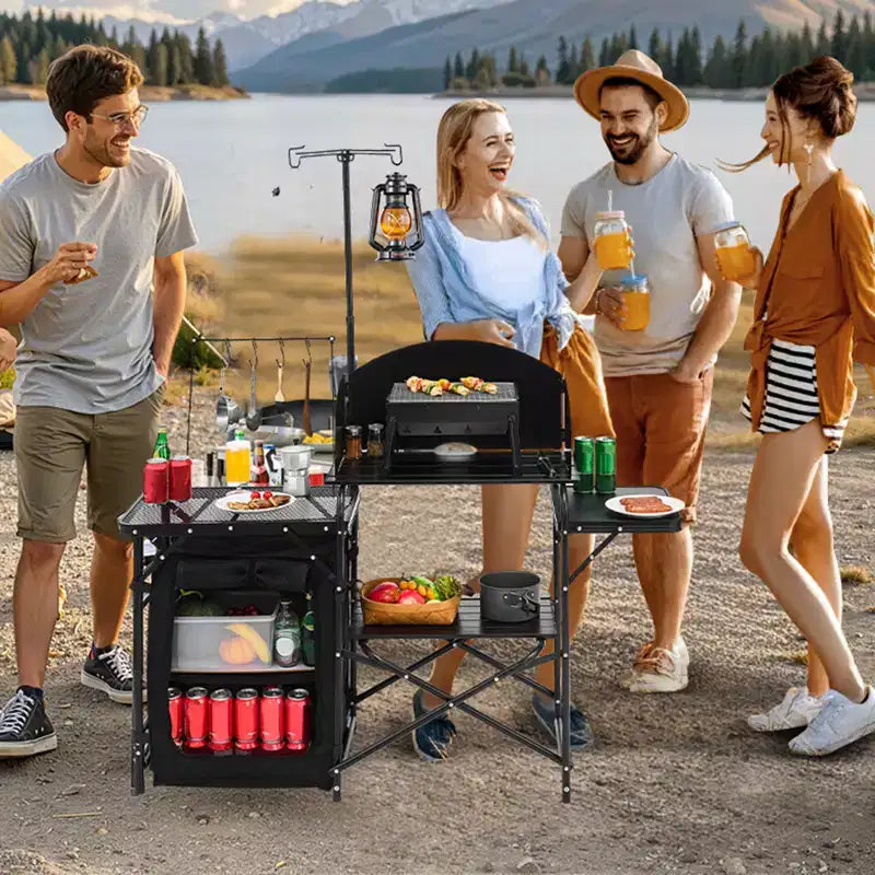 VEVOR Tavolo da Cucina da Campeggio, Tavolo da Cucina da Campo per Esterni, Postazione di Cucina Portatile in Alluminio con Armadietto, Borsa per il Trasporto, Nero