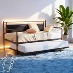 Struttura letto a giorno in metallo matrimoniale Karl Home con letto estraibile a scomparsa e stazione di ricarica con testiera imbottita con contenitore e luci LED