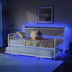 Struttura letto a giorno in metallo matrimoniale Karl Home con letto estraibile a scomparsa e stazione di ricarica con testiera imbottita con contenitore e luci LED