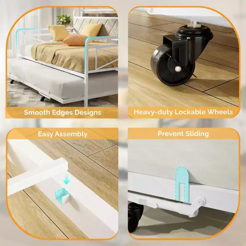 Struttura letto a giorno in metallo matrimoniale Karl Home con letto estraibile a scomparsa e stazione di ricarica con testiera imbottita con contenitore e luci LED