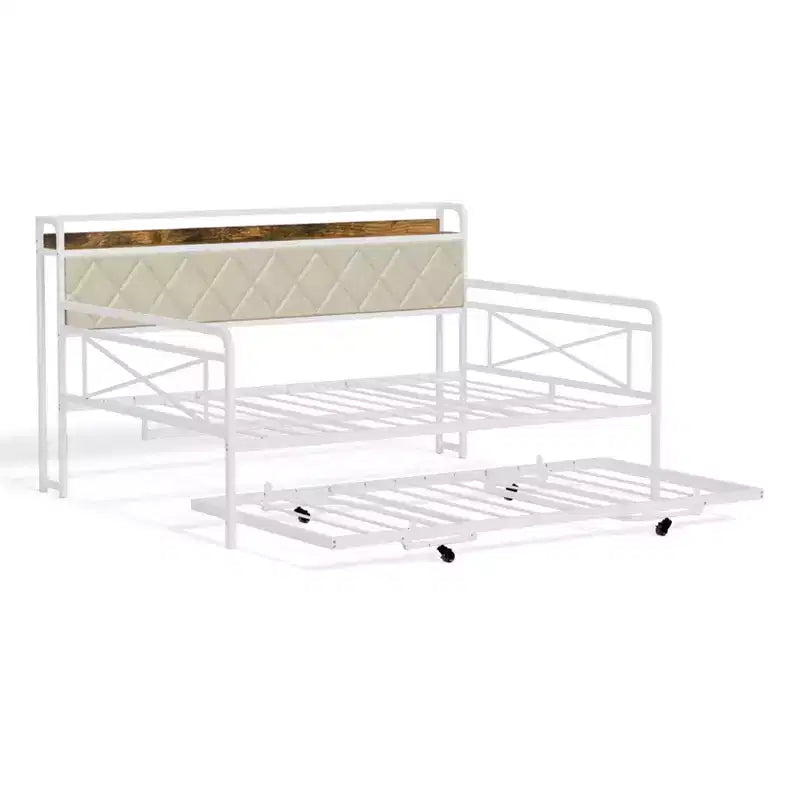 Struttura letto a giorno in metallo matrimoniale Karl Home con letto estraibile a scomparsa e stazione di ricarica con testiera imbottita con contenitore e luci LED
