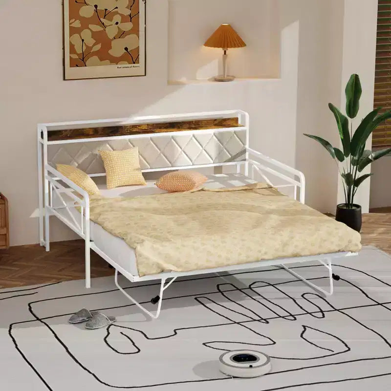 Struttura letto a giorno in metallo matrimoniale Karl Home con letto estraibile a scomparsa e stazione di ricarica con testiera imbottita con contenitore e luci LED