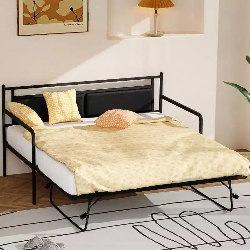 Struttura letto a giorno in metallo matrimoniale Karl Home con letto estraibile a scomparsa e stazione di ricarica con testiera imbottita con contenitore e luci LED